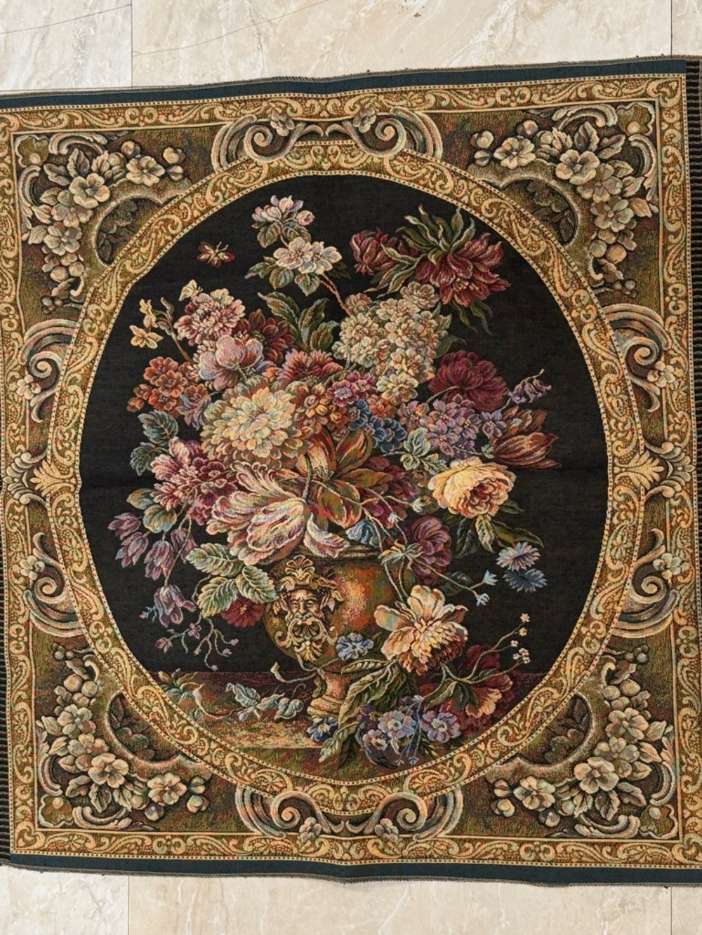 Vintage Italian jacquard Woven Floral Bouquet  28" X 25 1/2"  Tapestry